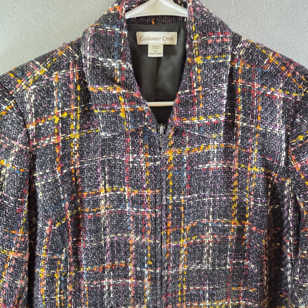 Coldwater Creek 1X Multi Color Tweed Plaid Zip Front Jacket Fall Layering Twee